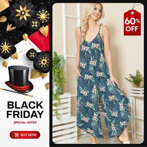 💣Orange Farm Floral Pattern Side Slits Sleeveless Pockets Jumpsuit | Size XL